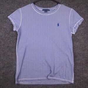 Ralph Lauren Shirt Womens Large Blue Stripe Crew Neck Short Sleeve Pony Tee Top